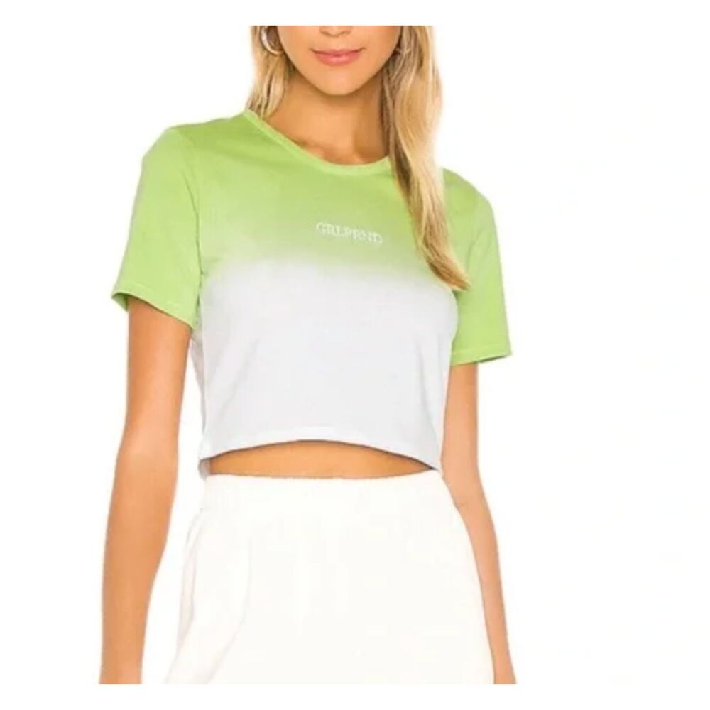 Revolve GRLFRND mini logo lime green and white ombre crop top 100% cotton